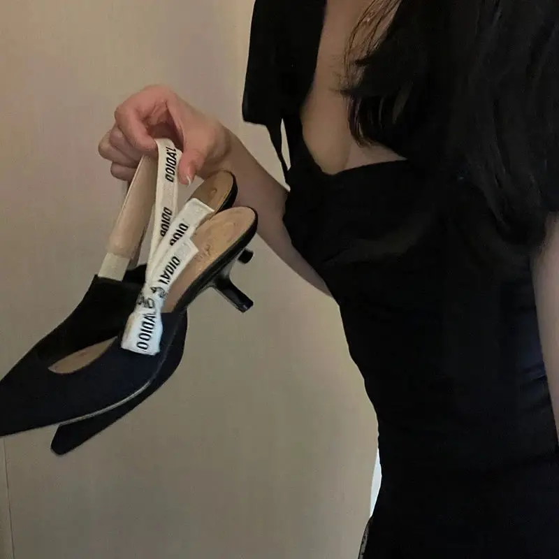 D Spring New Pointed Toe Shallow Mouth Kitten Heel Letter Sandals Embroidered Bow Elegant Lady High Heels Women's Kicksog.com 2